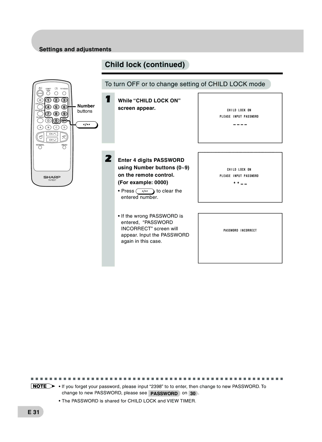 Sharp CX68RF5 operation manual To turn OFF or to change setting of Child Lock mode 