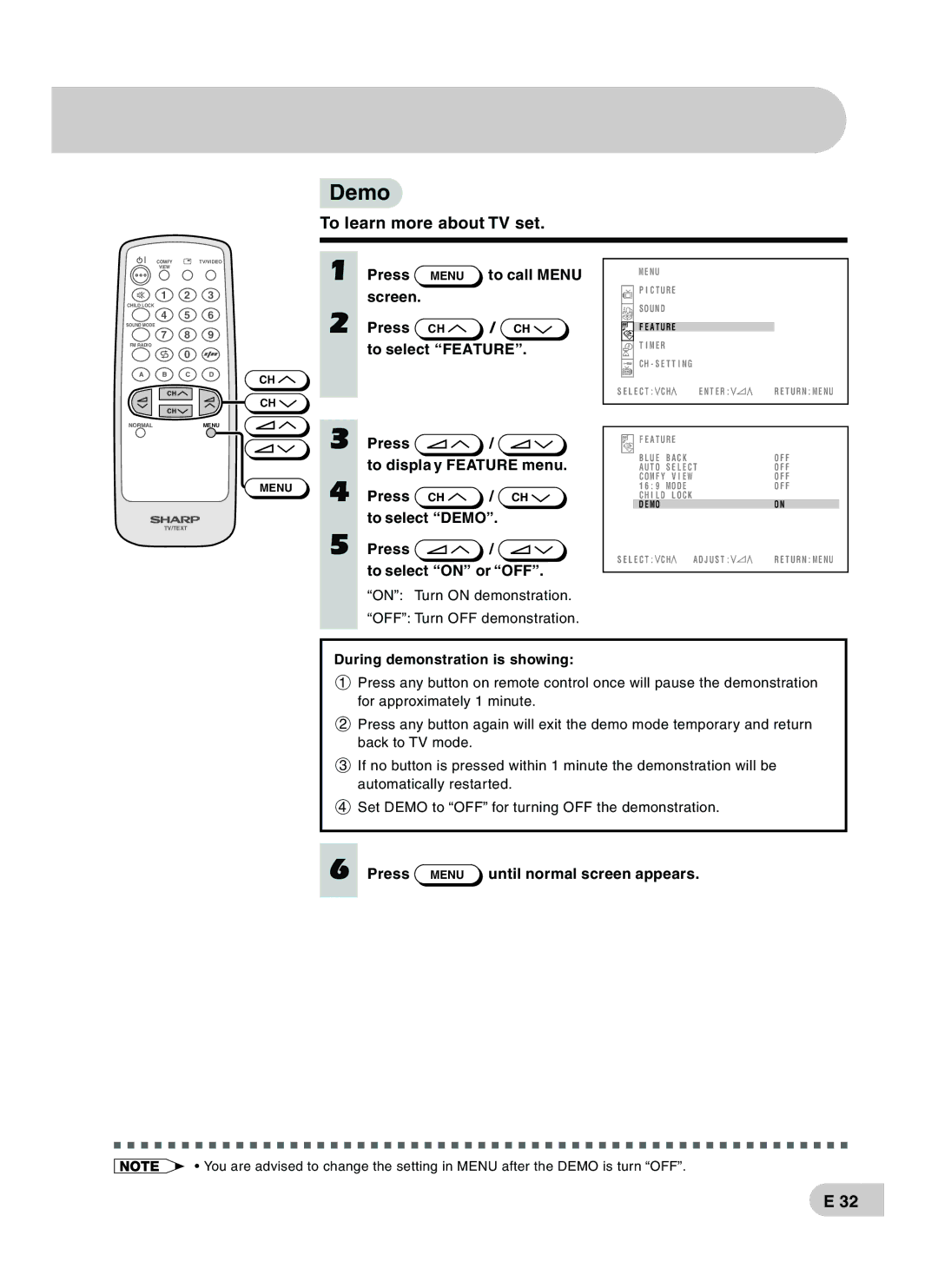 Sharp CX68RF5 operation manual Demo, During demonstration is showing 