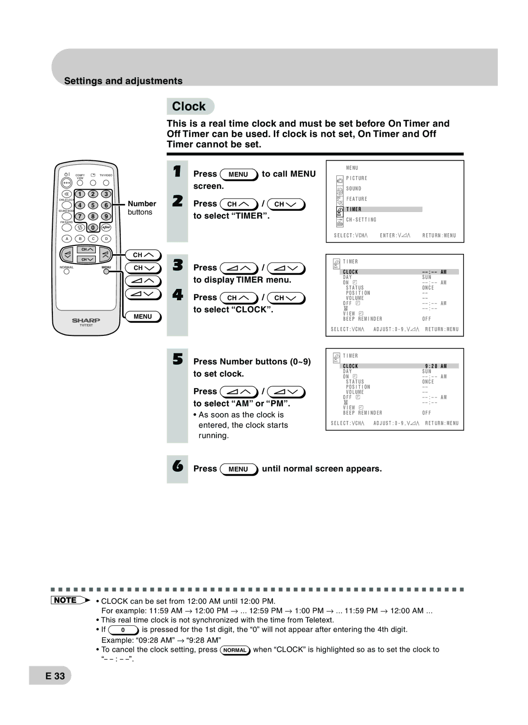 Sharp CX68RF5 operation manual Screen Press To select Timer, Press CH / CH To select Clock 