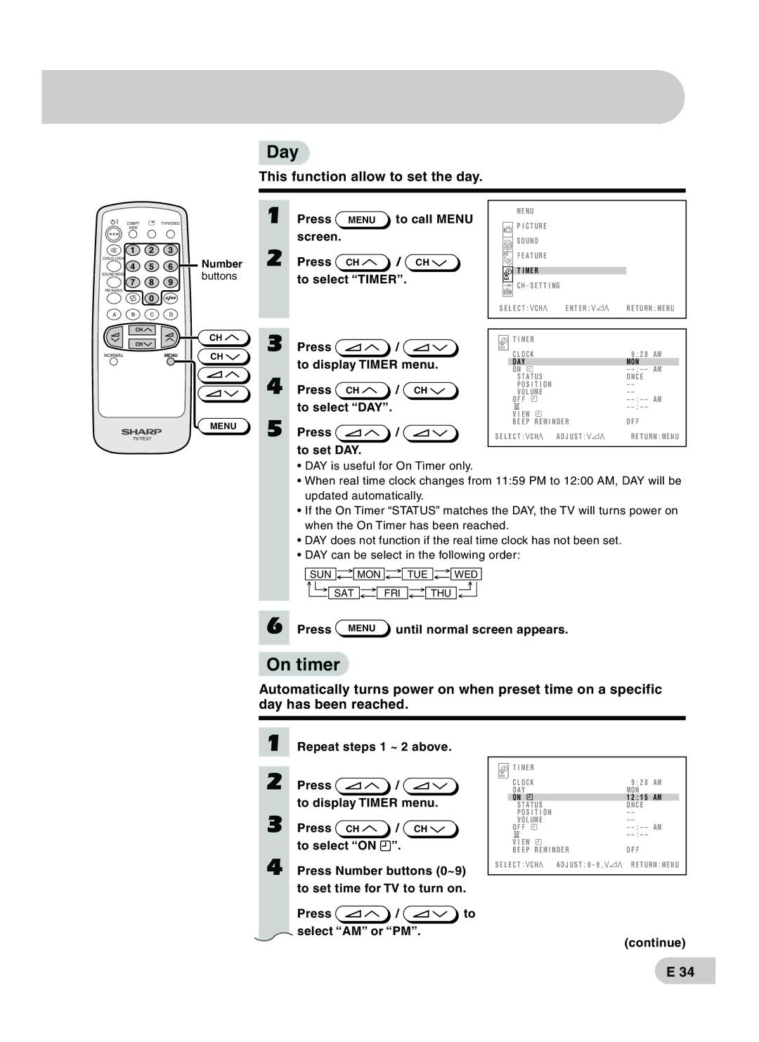 Sharp CX68RF5 operation manual Day, On timer 