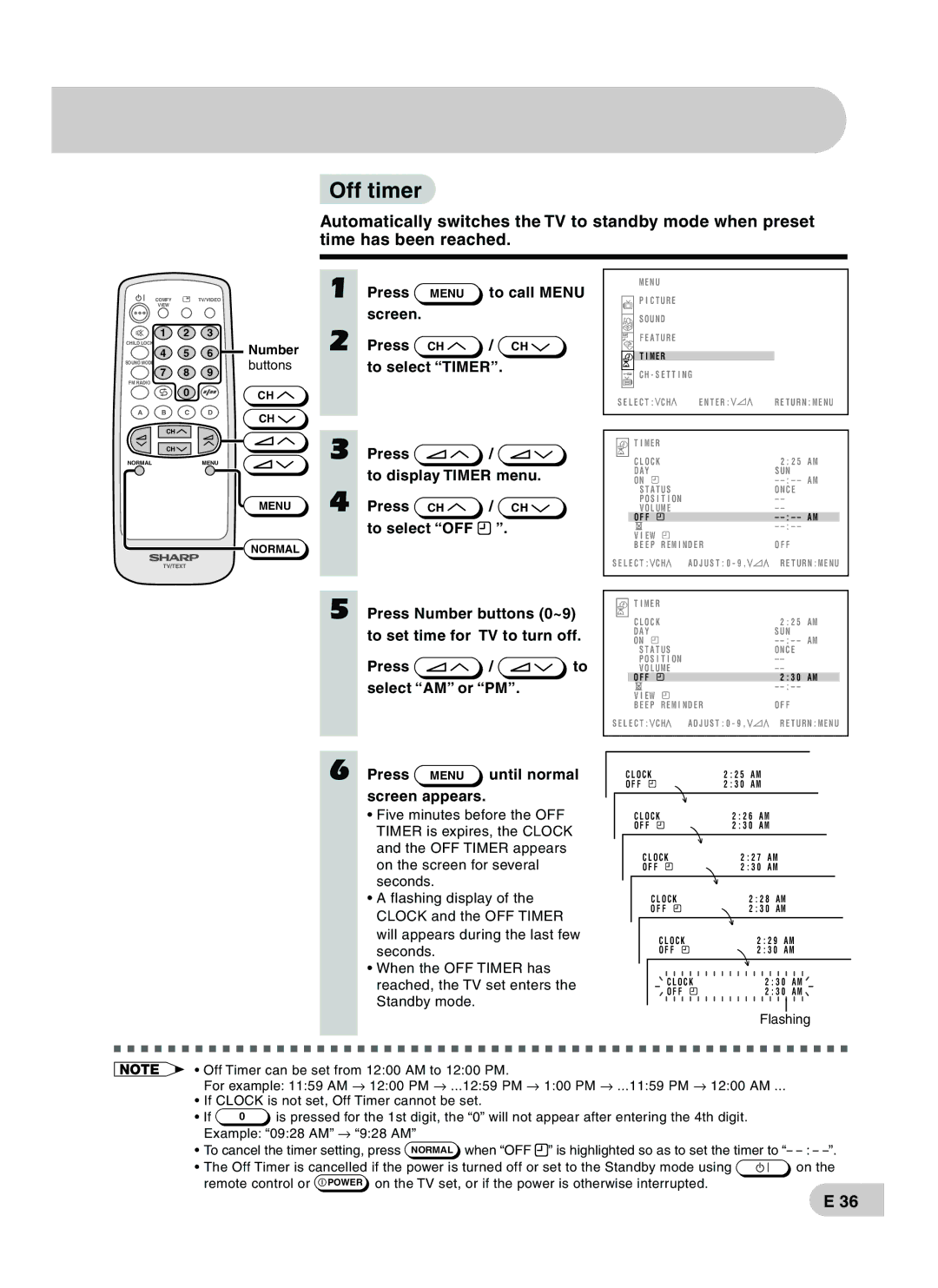 Sharp CX68RF5 operation manual Off timer 