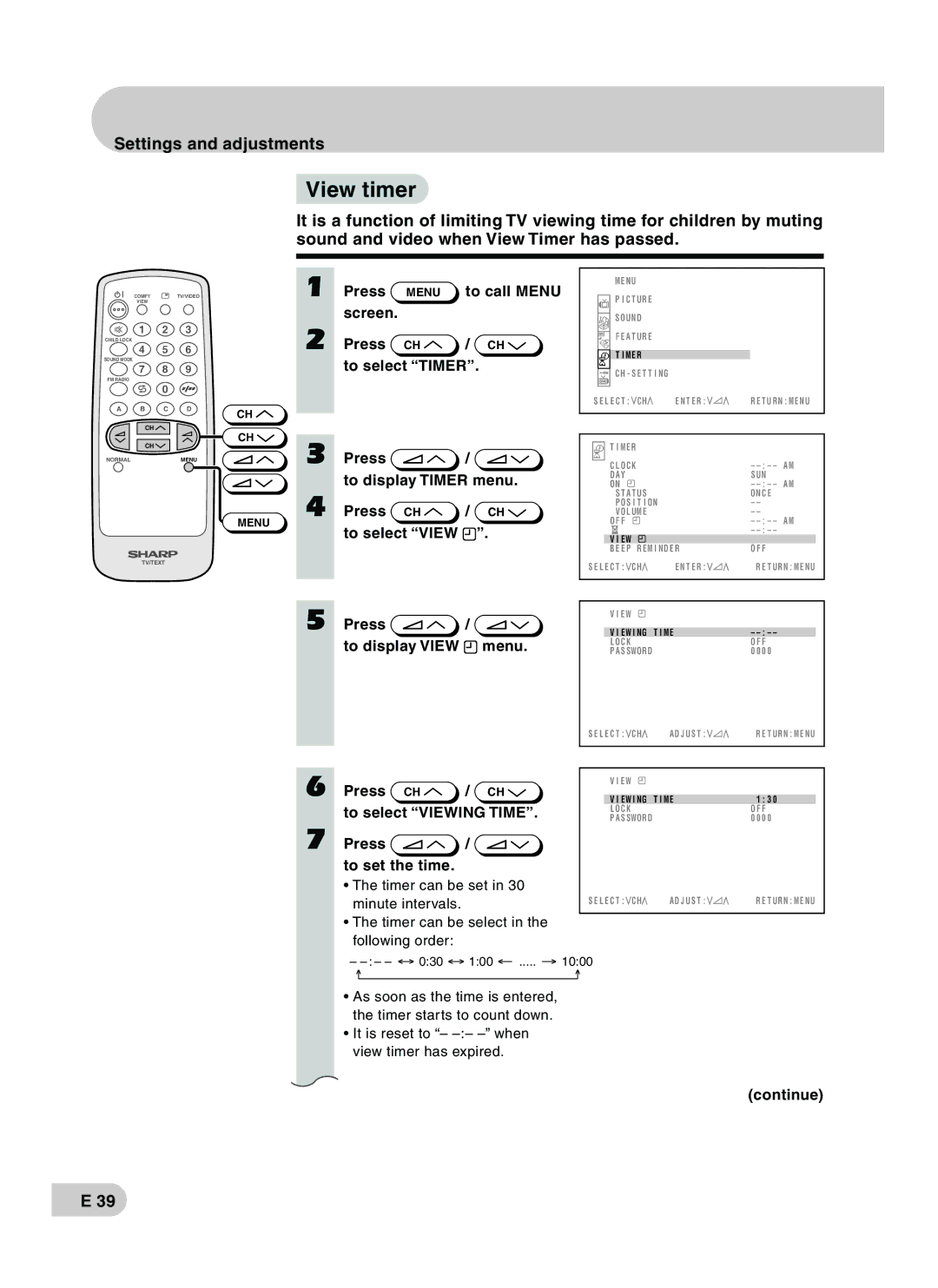 Sharp CX68RF5 operation manual View timer, Press To display View Menu, Press To select Viewing Time To set the time 