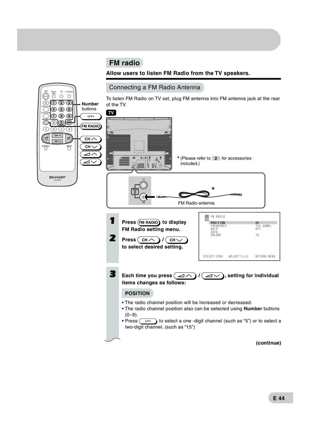 Sharp CX68RF5 FM radio, Connecting a FM Radio Antenna, To display, FM Radio setting menu, Press To select desired setting 