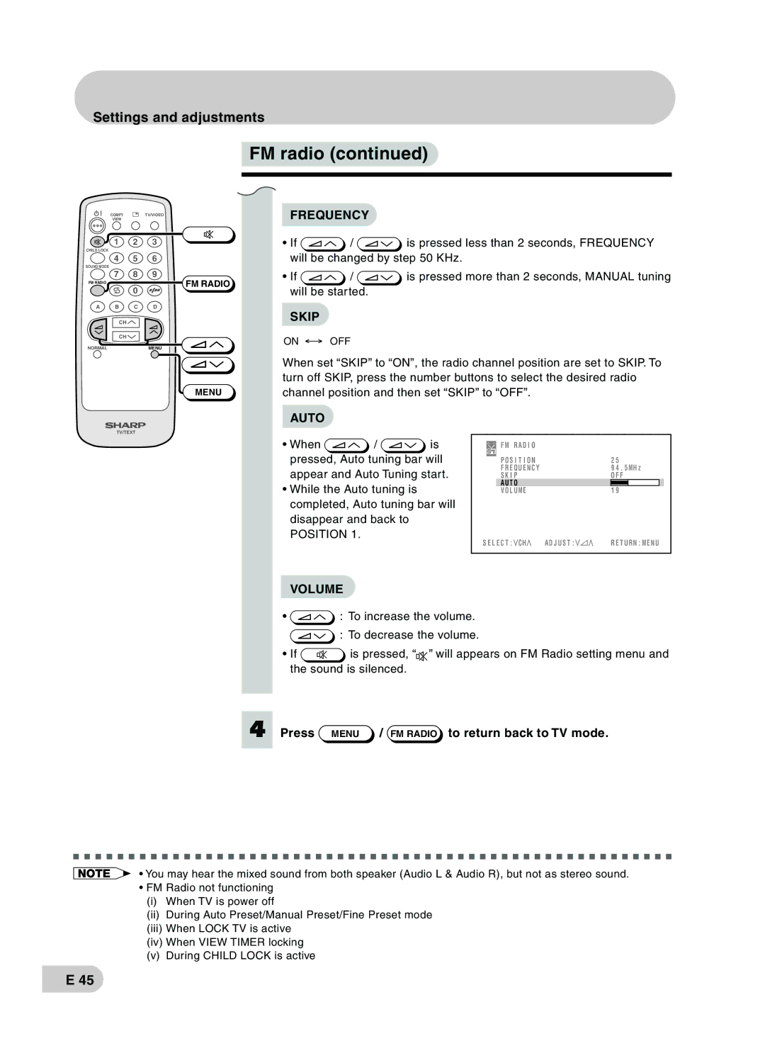 Sharp CX68RF5 operation manual Frequency, Press Menu / FM Radio to return back to TV mode 