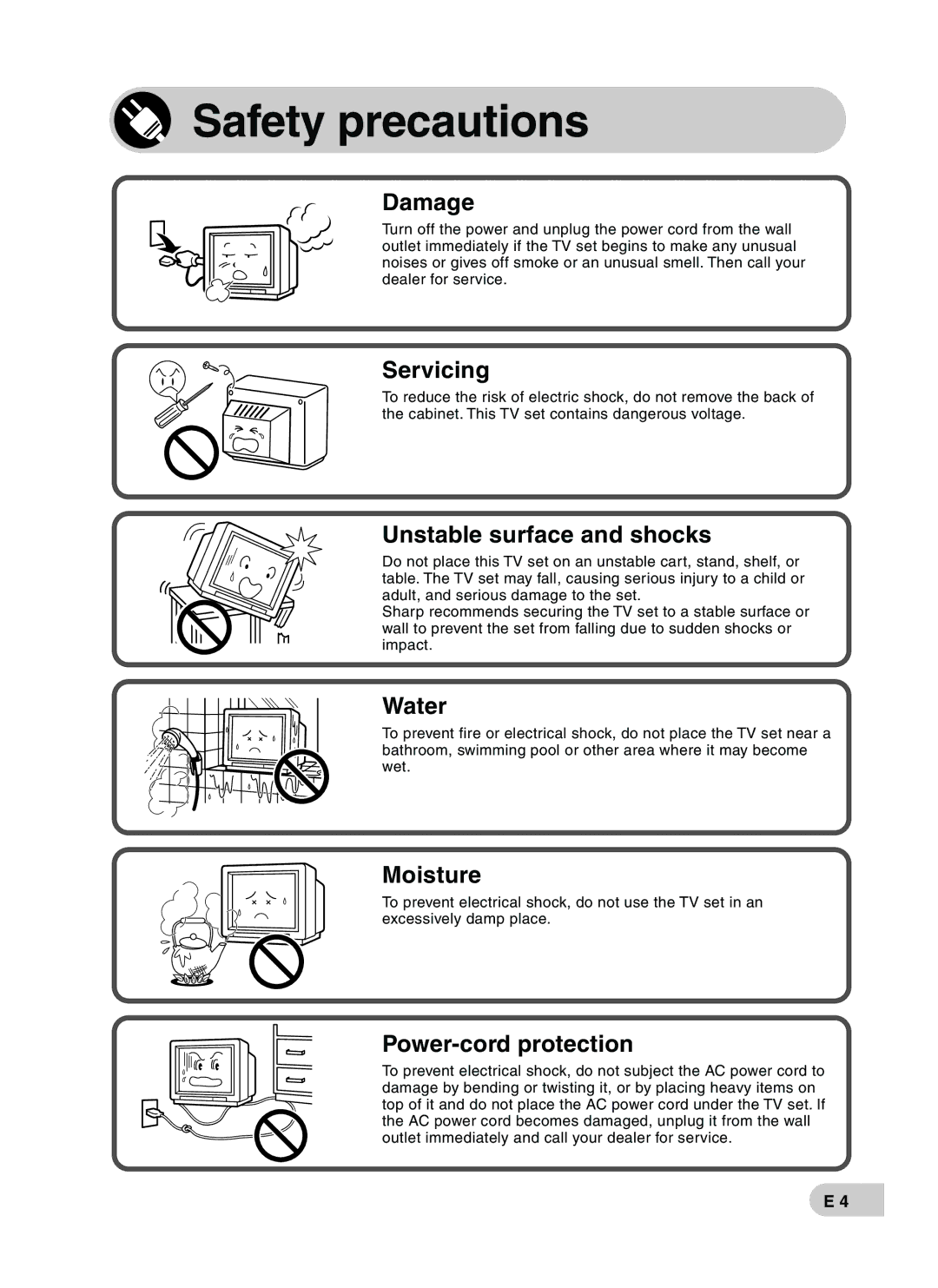 Sharp CX68RF5 operation manual Safety precautions, Damage 