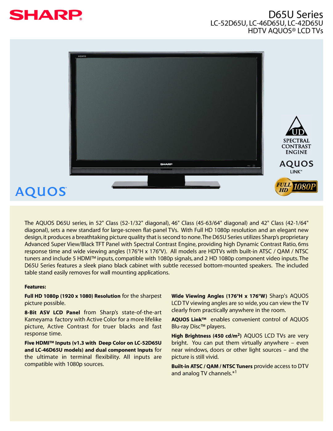 Sharp D65U Series manual LC-52D65U, LC-46D65U, LC-42D65U Hdtv Aquos LCD TVs 