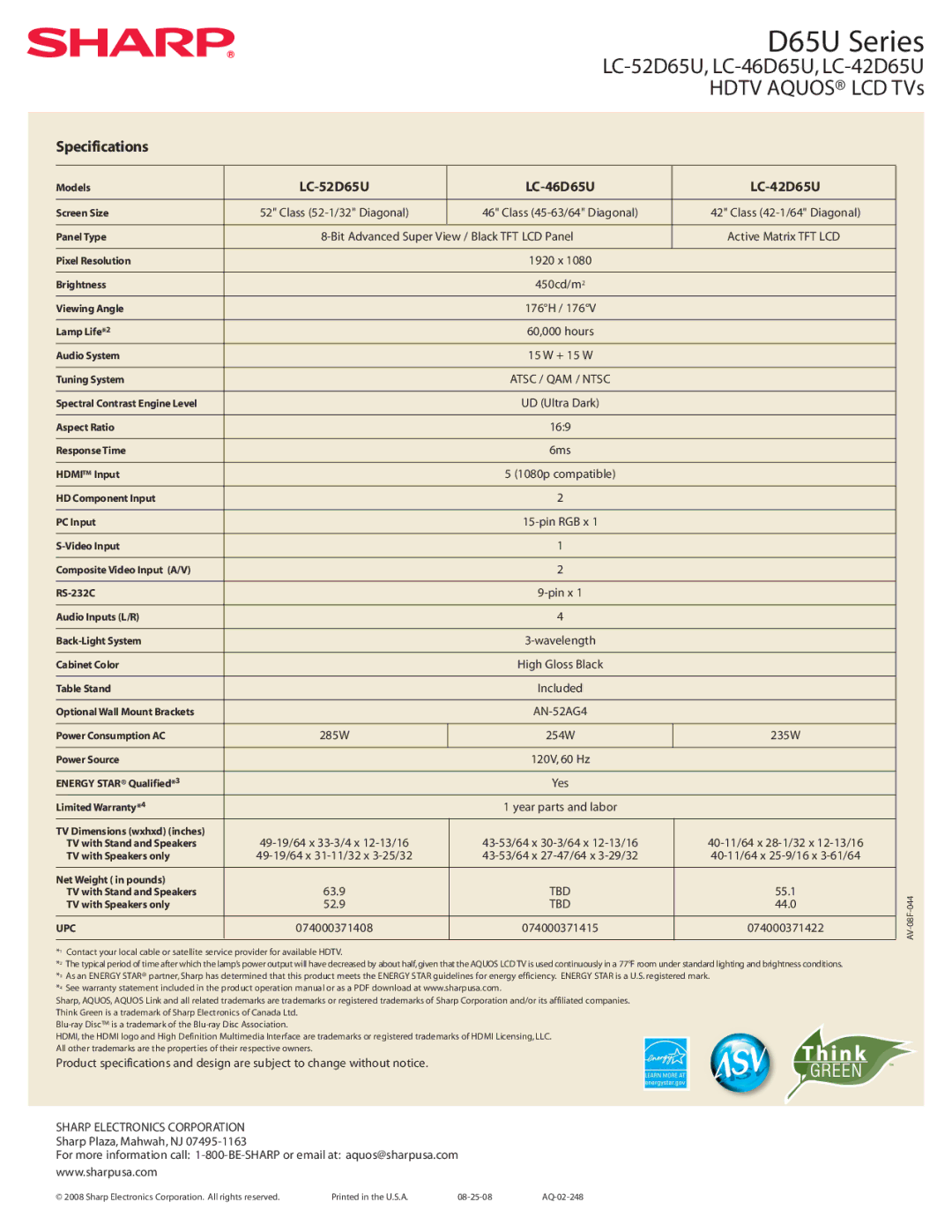 Sharp D65U Series manual Specifications, LC-52D65U LC-46D65U LC-42D65U, 169 