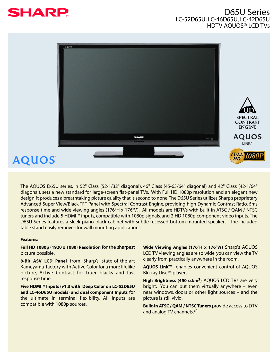 Sharp D65U Series manual LC-52D65U, LC-46D65U, LC-42D65U HDTV AQUOS LCD TVs, and analog TV channels.*1 