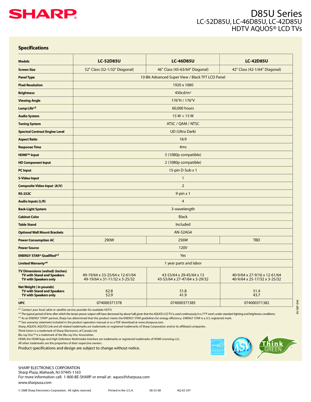 Sharp D85U Series manual 450cd/m2, 4ms, 49-19/64 x 33-25/64 x 12-61/64 