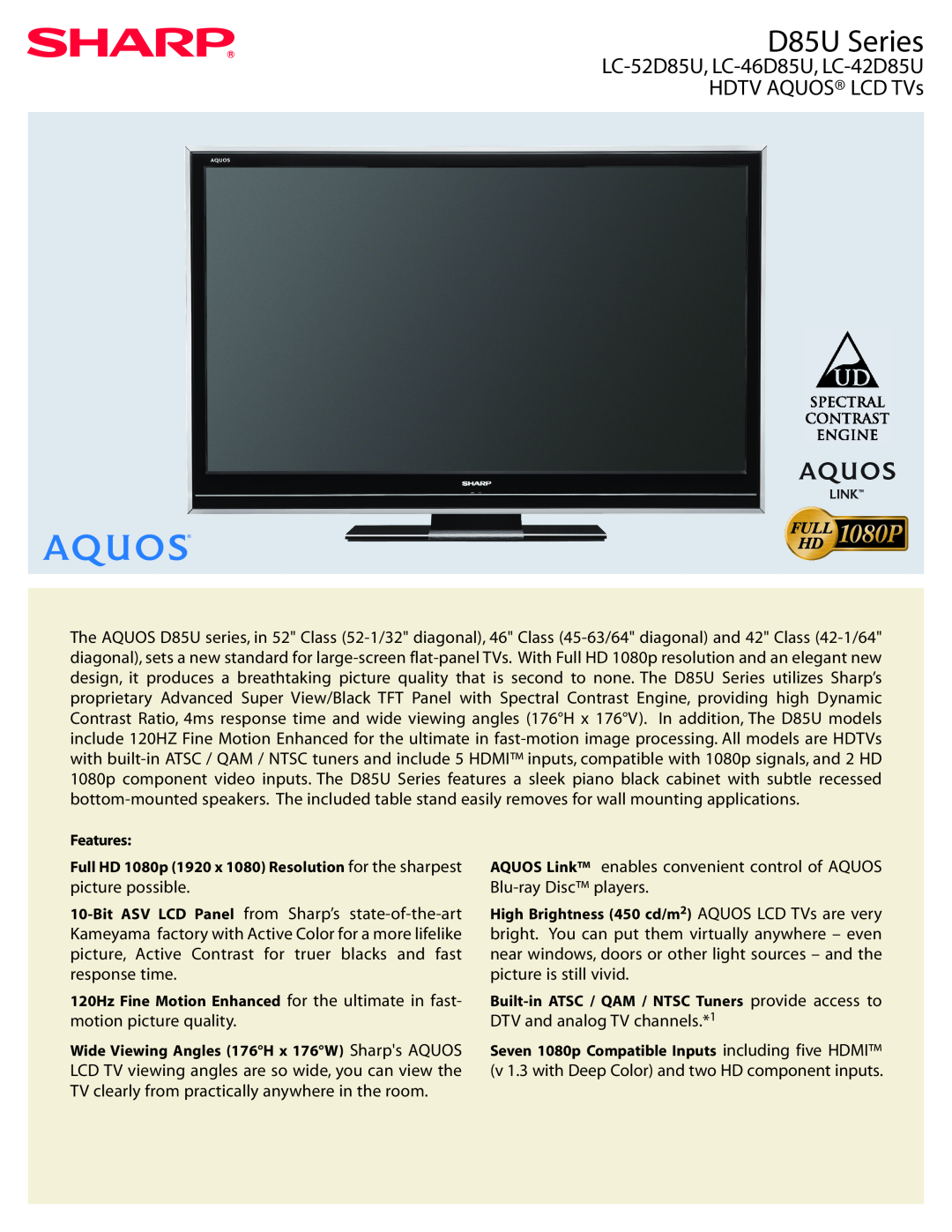 Sharp D85U Series manual LC-52D85U, LC-46D85U, LC-42D85U HDTV AQUOS LCD TVs, motion picture quality 
