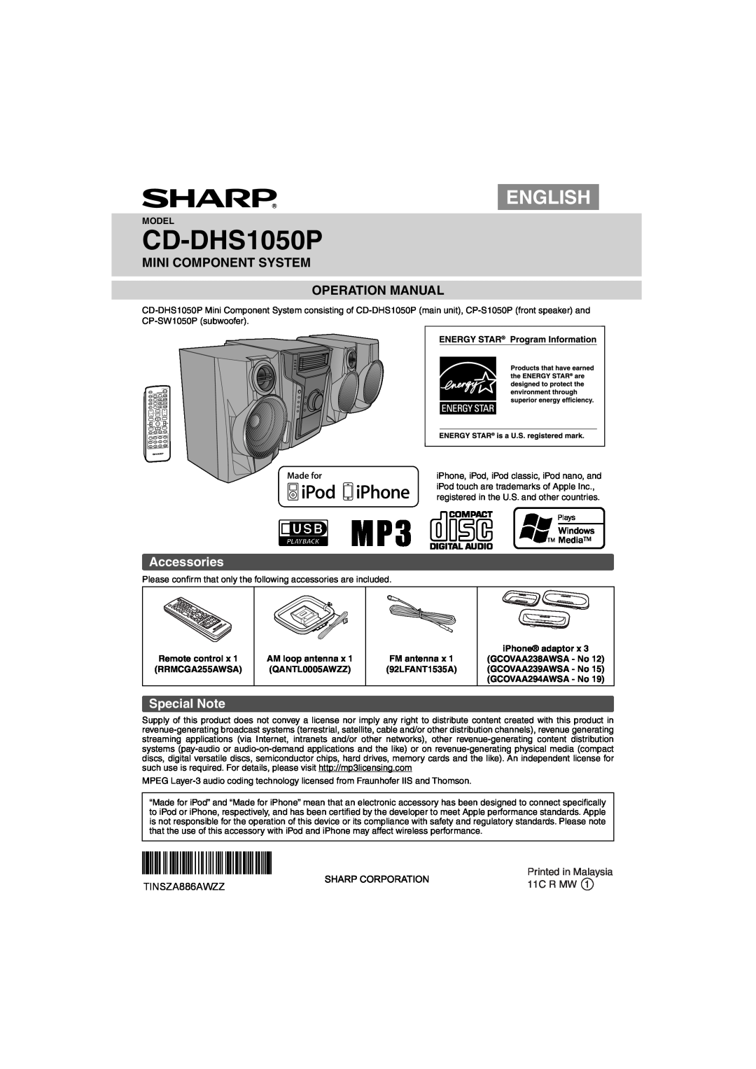 Sharp operation manual Accessories, Special Note, CD-DHS1050P, English, TINSZA886AWZZ 