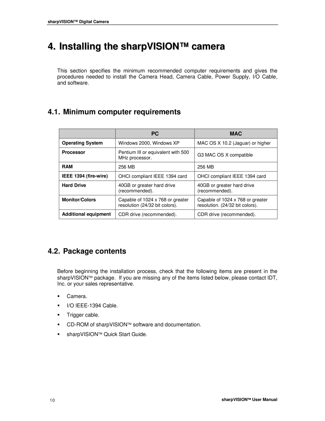 Sharp DIGITAL CAMERA manual Installing the sharpVISION camera, Minimum computer requirements, Package contents 