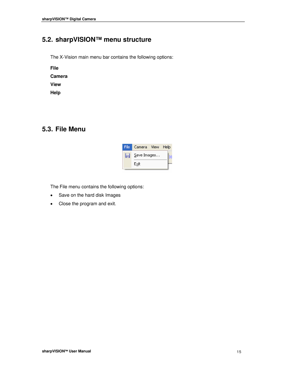 Sharp DIGITAL CAMERA manual SharpVISION menu structure, File Menu, File Camera View Help 