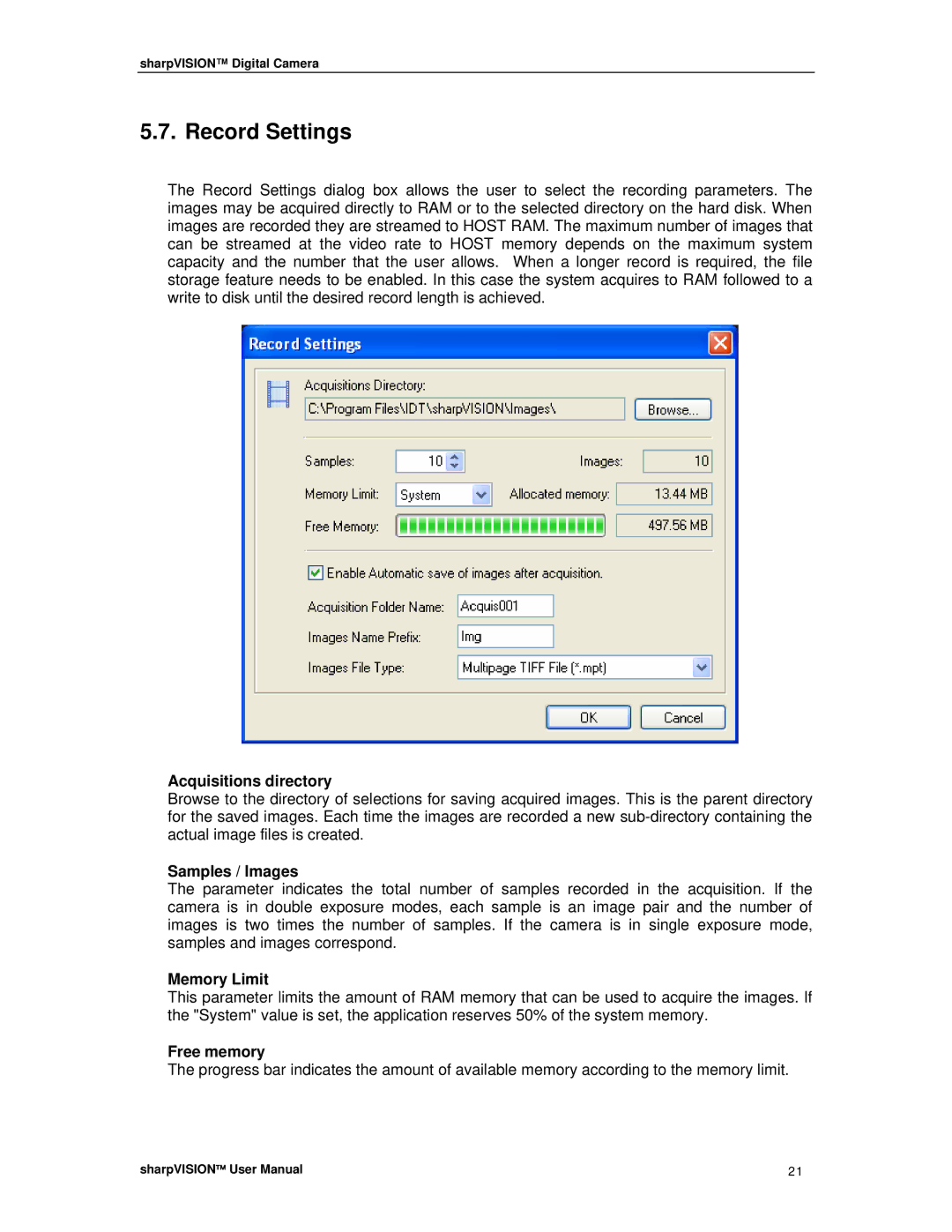 Sharp DIGITAL CAMERA manual Record Settings, Acquisitions directory, Samples / Images, Memory Limit, Free memory 