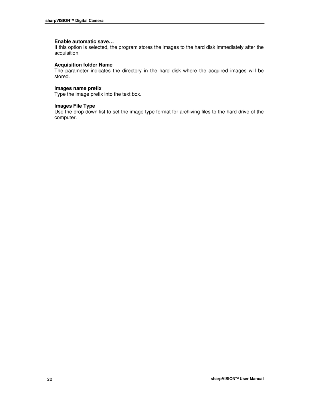 Sharp DIGITAL CAMERA manual Enable automatic save…, Acquisition folder Name, Images name prefix, Images File Type 