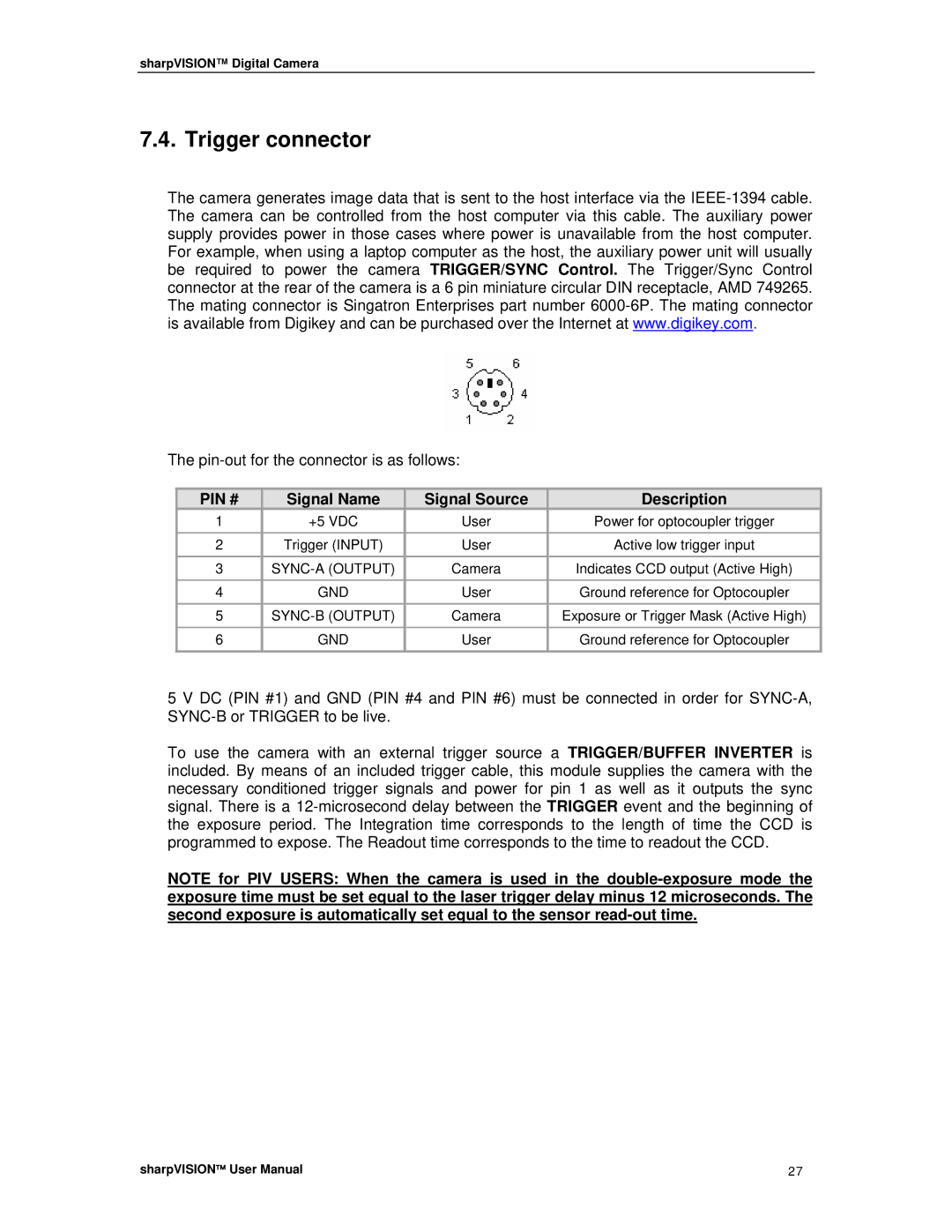 Sharp DIGITAL CAMERA manual Trigger connector, Signal Name Signal Source Description 