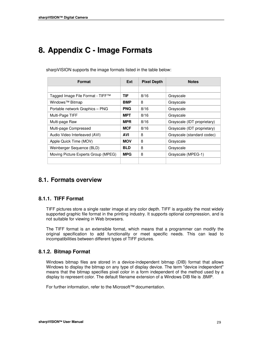 Sharp DIGITAL CAMERA manual Appendix C Image Formats, Formats overview, Tiff Format, Bitmap Format 