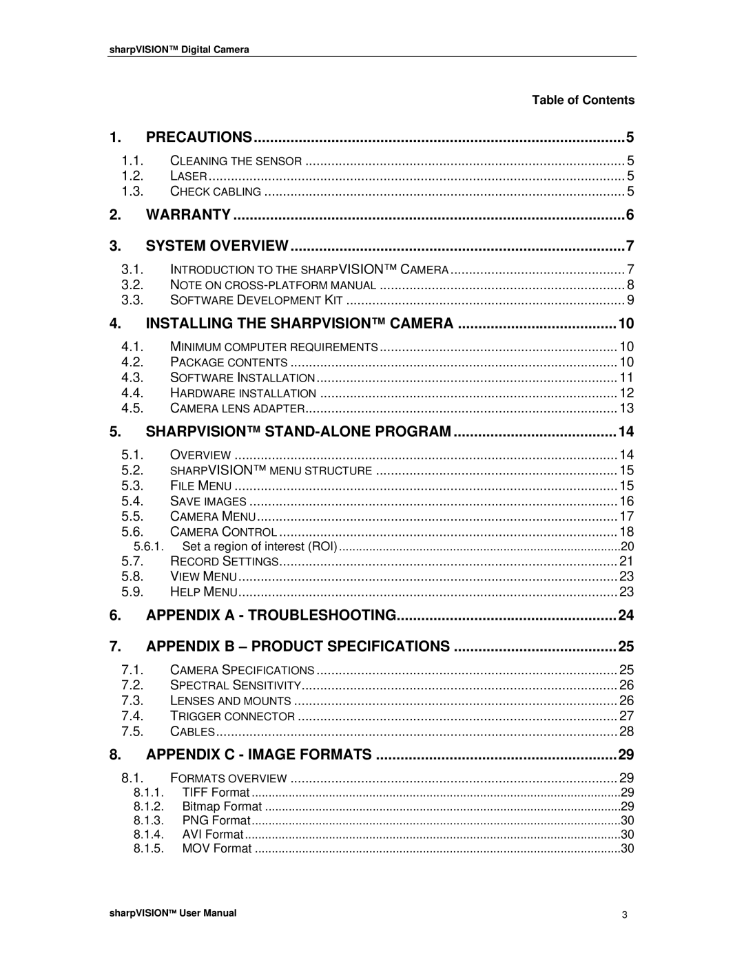 Sharp DIGITAL CAMERA manual Table of Contents, Installing the Sharpvision Camera 