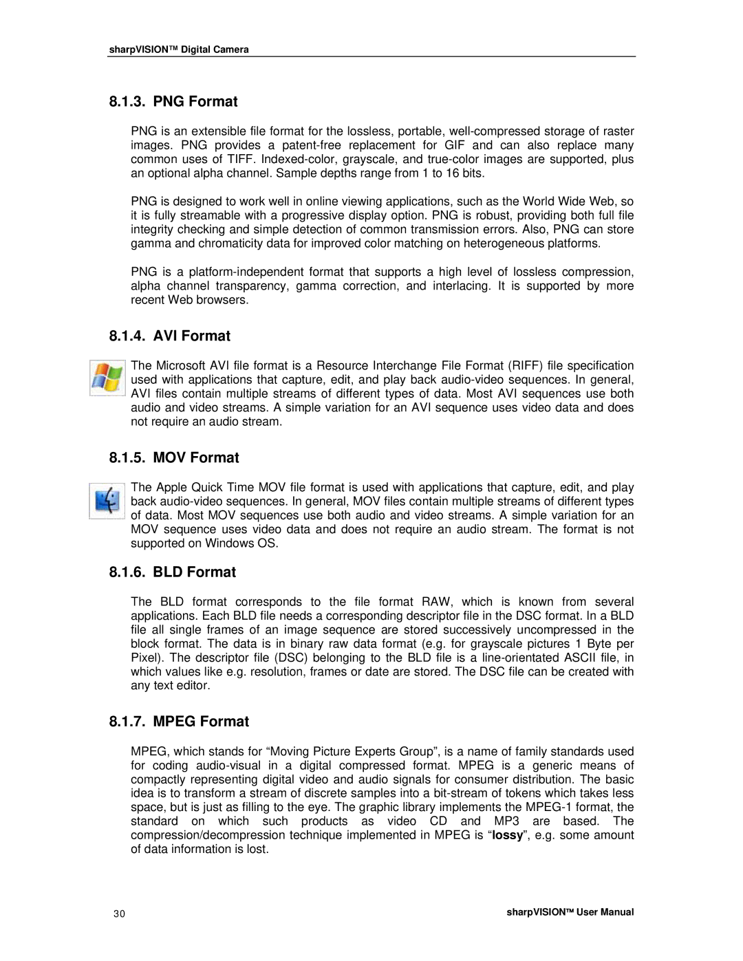 Sharp DIGITAL CAMERA manual PNG Format, AVI Format, MOV Format, BLD Format, Mpeg Format 