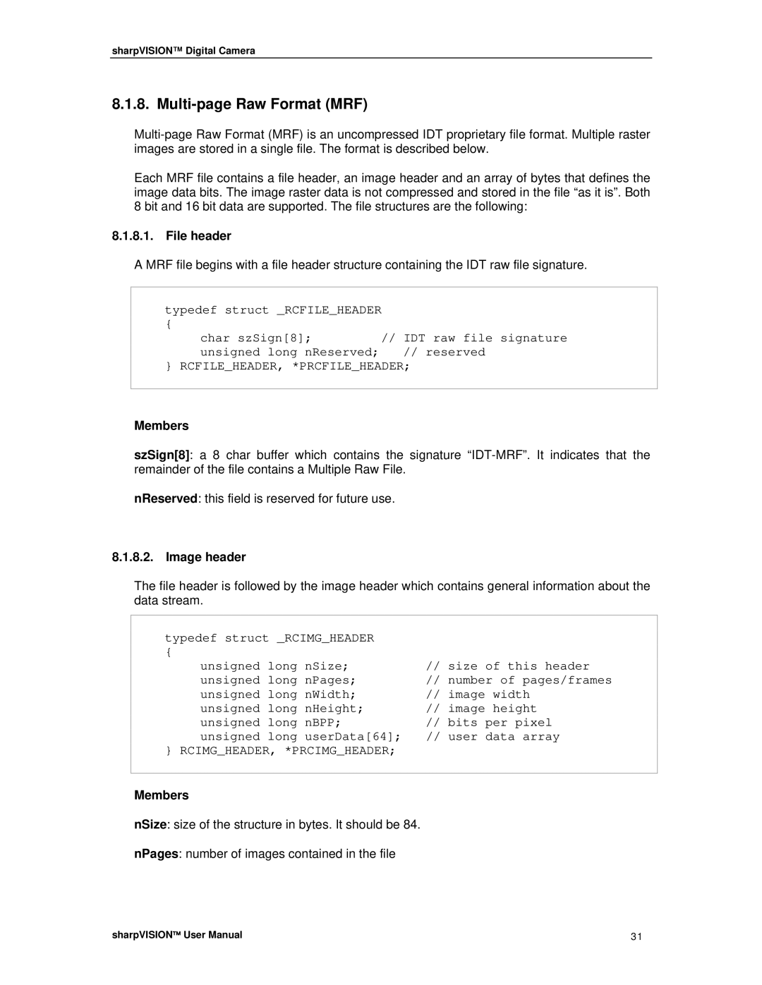 Sharp DIGITAL CAMERA manual Multi-page Raw Format MRF, File header, Members, Image header 