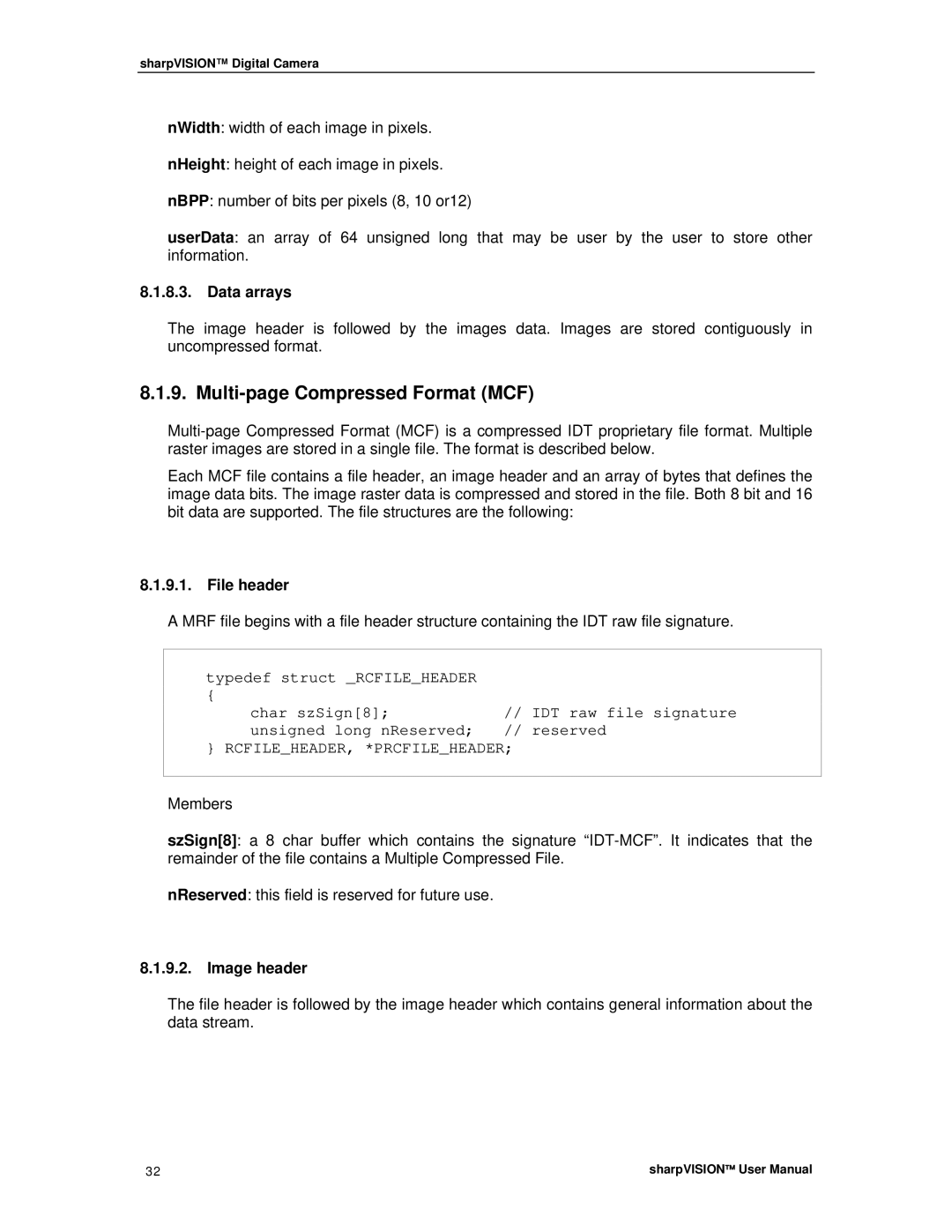 Sharp DIGITAL CAMERA manual Multi-page Compressed Format MCF, Data arrays 