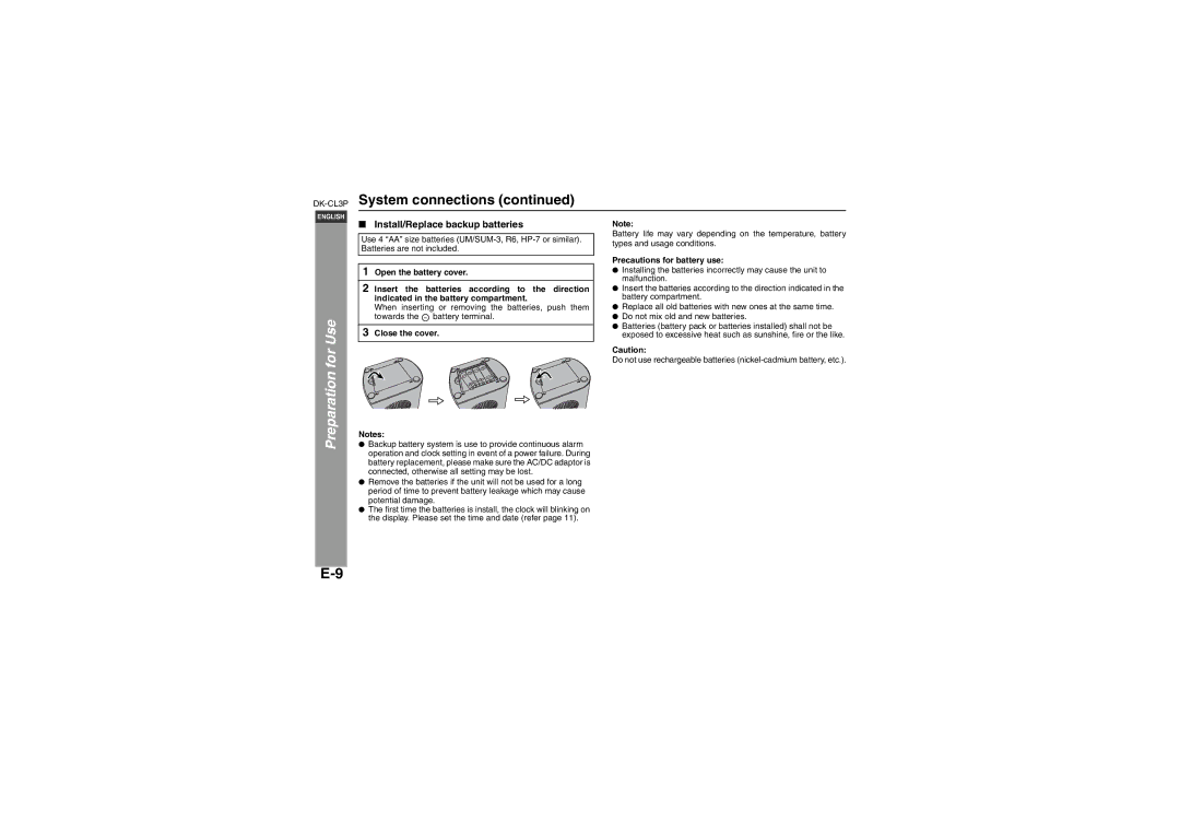 Sharp DK-CL3P System connections, Install/Replace backup batteries, Close the cover, Precautions for battery use 