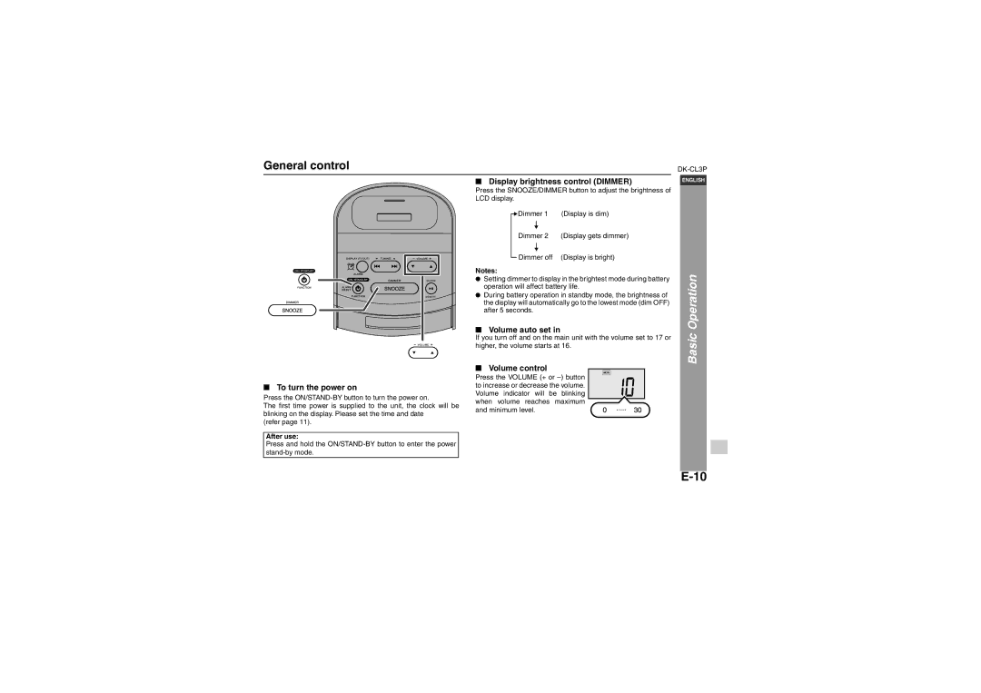 Sharp DK-CL3P General control, Display brightness control Dimmer, To turn the power on, Volume auto set, After use 