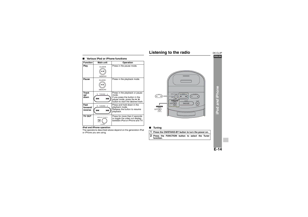 Sharp DK-CL3P operation manual Listening to the radio, Various iPod or iPhone functions, Tuning 