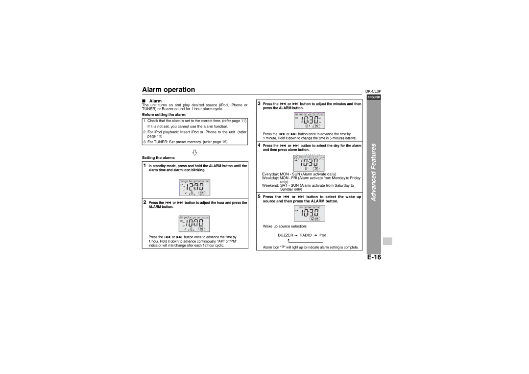 Sharp DK-CL3P operation manual Alarm operation, Before setting the alarm, Setting the alarms 