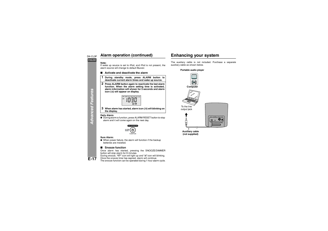 Sharp DK-CL3P operation manual Enhancing your system, Alarm operation, Activate and deactivate the alarm, Snooze function 