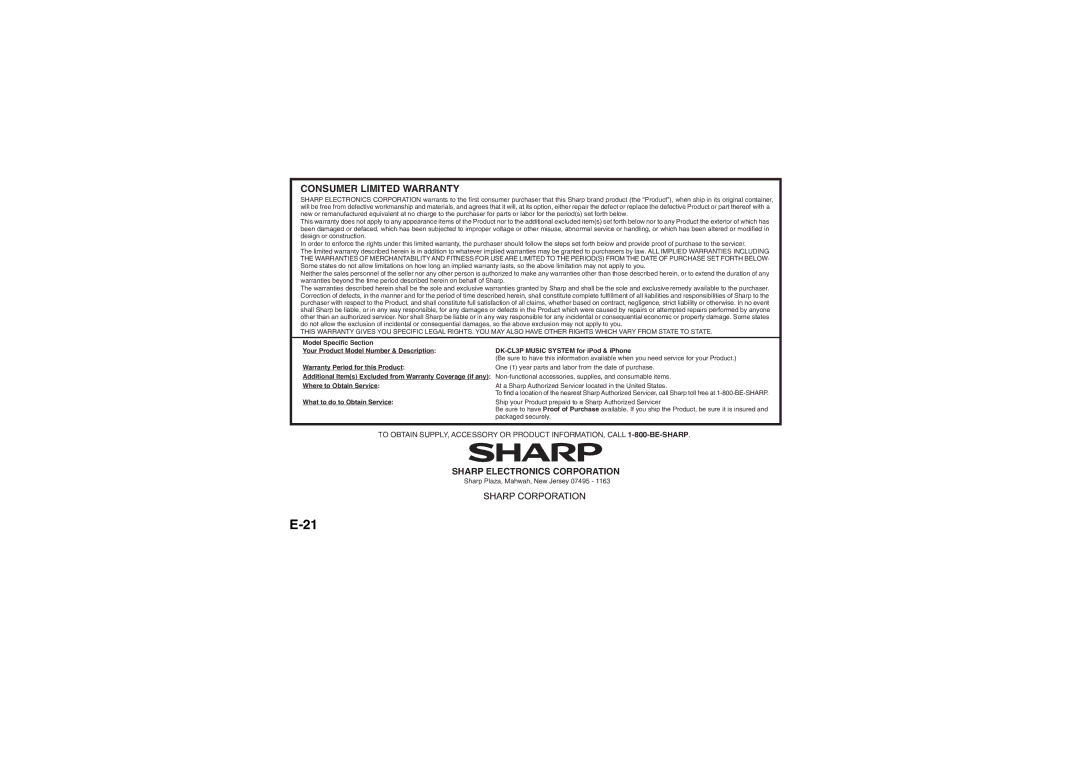 Sharp DK-CL3P operation manual Consumer Limited Warranty 