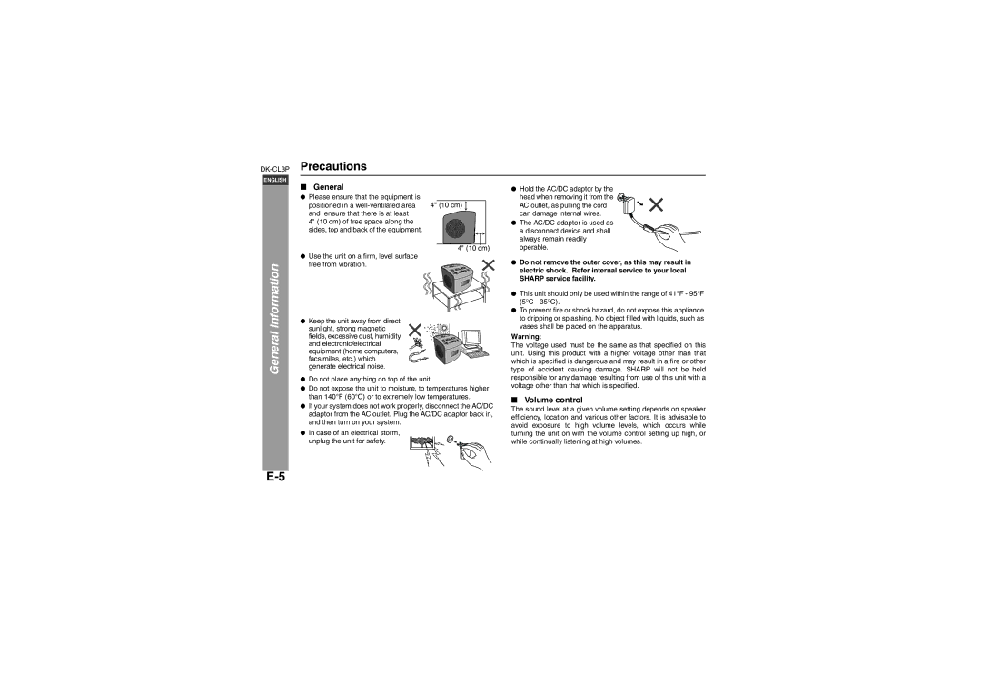 Sharp DK-CL3P operation manual Precautions, General, Volume control 