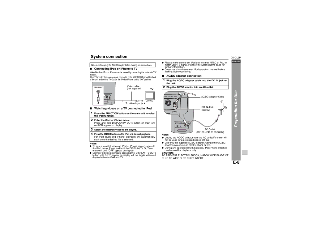 Sharp DK-CL3P System connection, Connecting iPod or iPhone to TV, Watching videos on a TV connected to iPod 