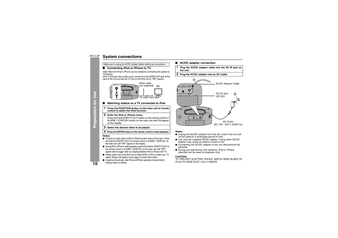 Sharp DK-CL5P System connections, Preparation for Use, Connecting iPod or iPhone to TV, AC/DC adaptor connection 