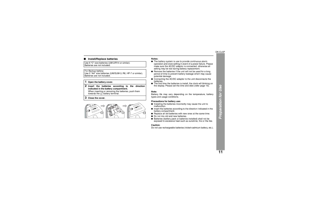 Sharp DK-CL5P operation manual For, Install/Replace batteries, Close the cover, Precautions for battery use 