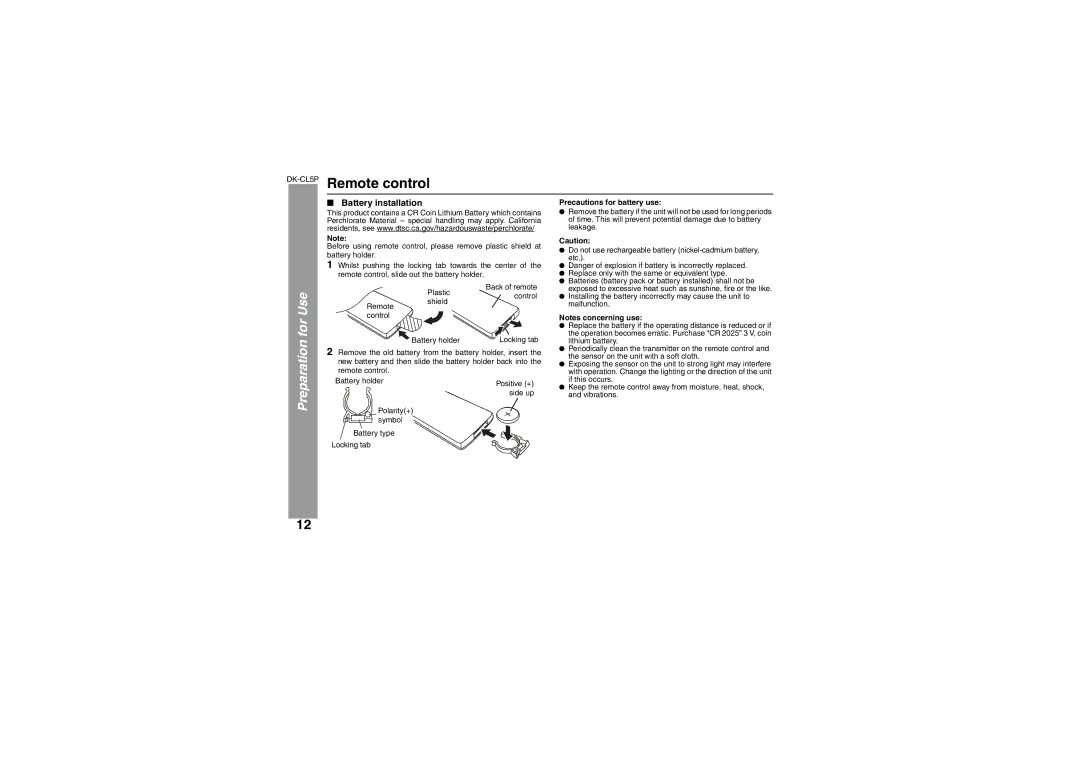 Sharp DK-CL5P operation manual Remote control, Battery installation 