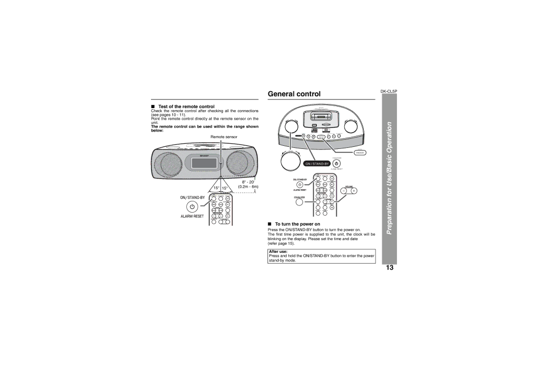 Sharp DK-CL5P General control, Preparation for Use/Basic Operation, Test of the remote control, To turn the power on 