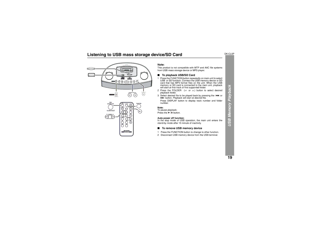 Sharp DK-CL5P operation manual Listening to USB mass storage device/SD Card, USB Memory Playback, To playback USB/SD Card 