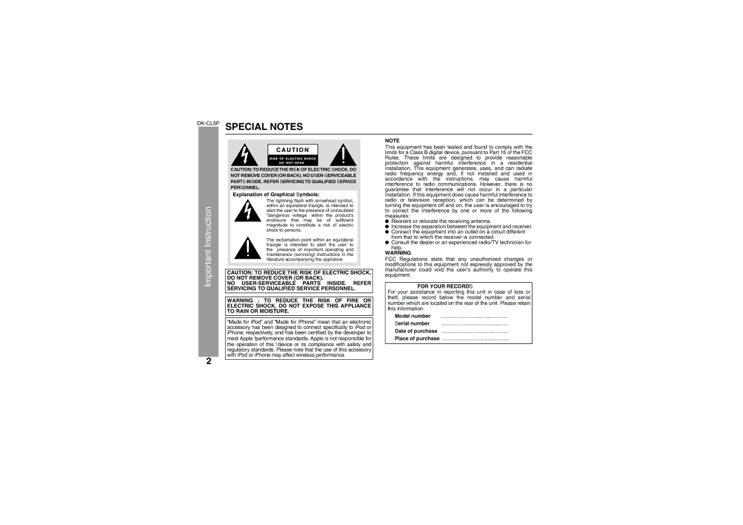 Sharp DK-CL5P operation manual Important Instruction, Explanation of Graphical Symbols 