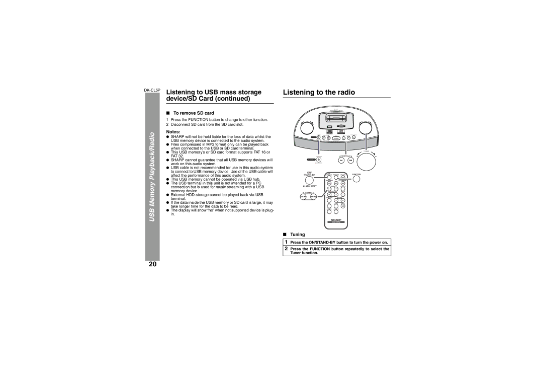 Sharp DK-CL5P Listening to the radio, USB Memory Playback/Radio, Listening to USB mass storage device/SD Card, Tuning 