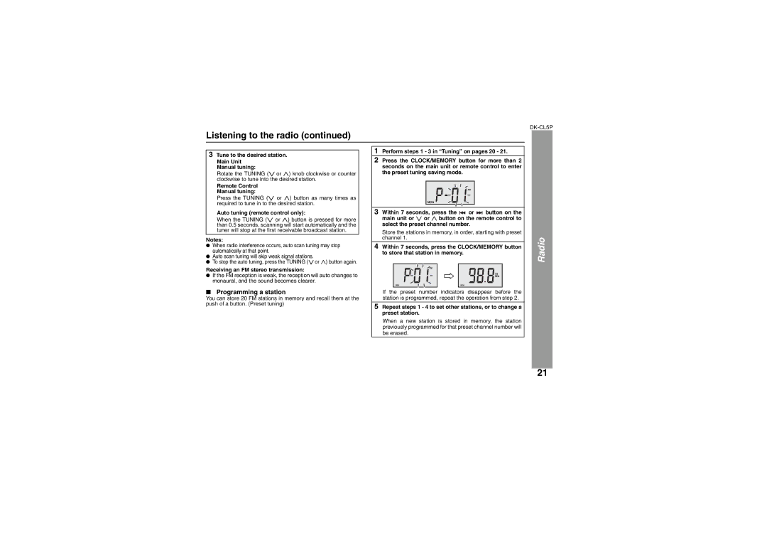 Sharp DK-CL5P operation manual Listening to the radio, Radio, Programming a station 