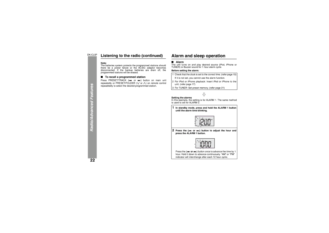 Sharp operation manual Alarm and sleep operation, DK-CL5PListening to the radio, To recall a programmed station 