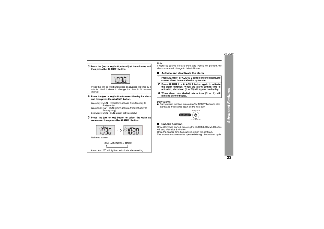 Sharp DK-CL5P operation manual Advanced Features, Activate and deactivate the alarm, Snooze function 