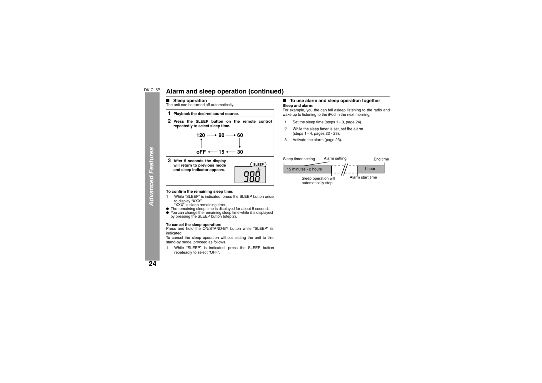 Sharp DK-CL5P Alarm and sleep operation, Sleep operation, To use alarm and sleep operation together, Sleep and alarm 