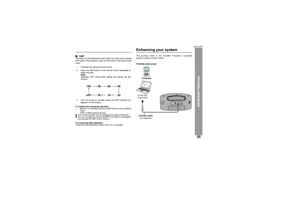 Sharp DK-CL5P Enhancing your system, To confirm the remaining nap time, To cancel the NAP operation, Auxiliary cable 