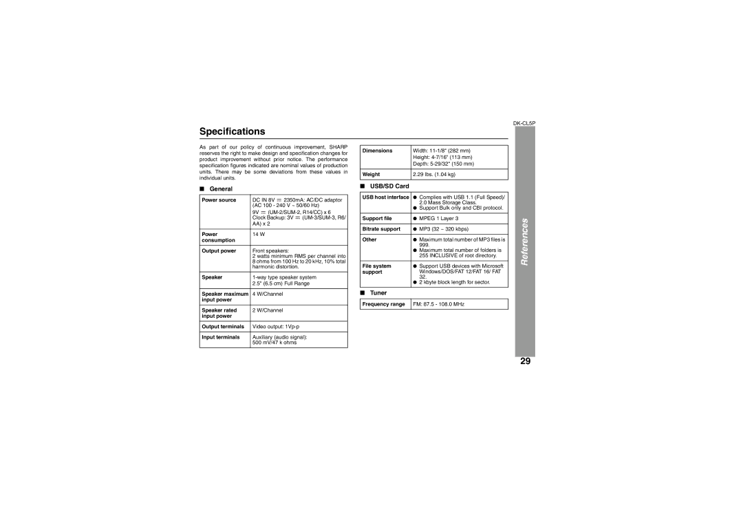 Sharp DK-CL5P operation manual Specifications, USB/SD Card 