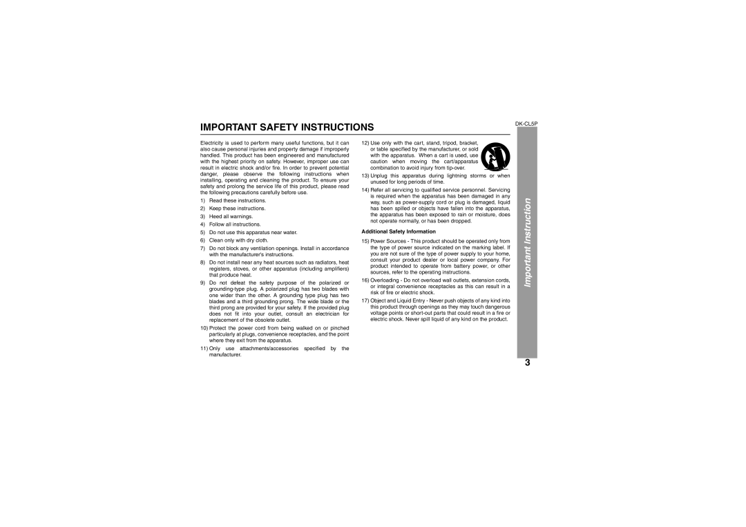 Sharp DK-CL5P operation manual Important Safety Instructions, Additional Safety Information 