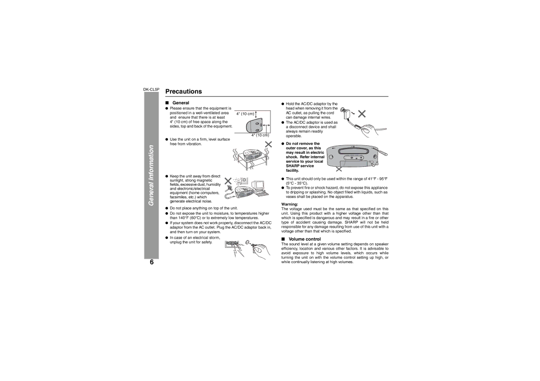 Sharp DK-CL5P operation manual Precautions, General, Volume control 