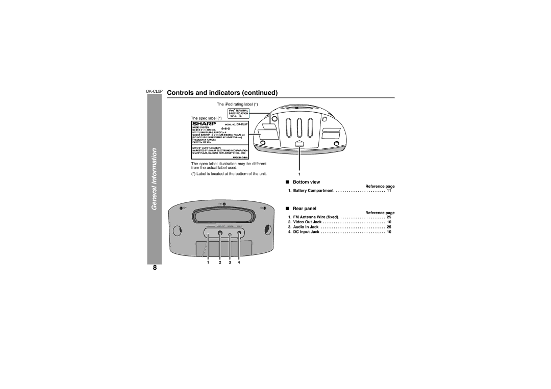 Sharp DK-CL5P operation manual Information, General, Bottom view, Rear panel, Reference Battery Compartment 