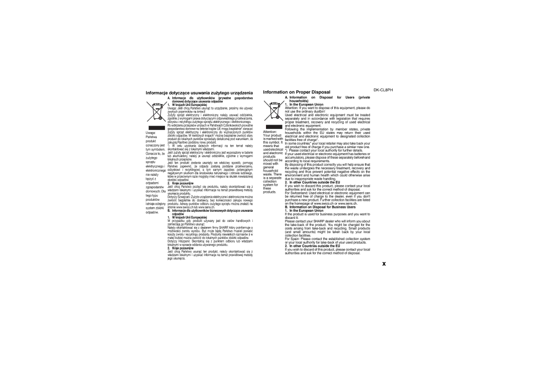 Sharp DK-CL8PH(PK), DK-CL8PH(BK), DK-CL8PH(GR) Information on Disposal for Users private, Households, European Union 